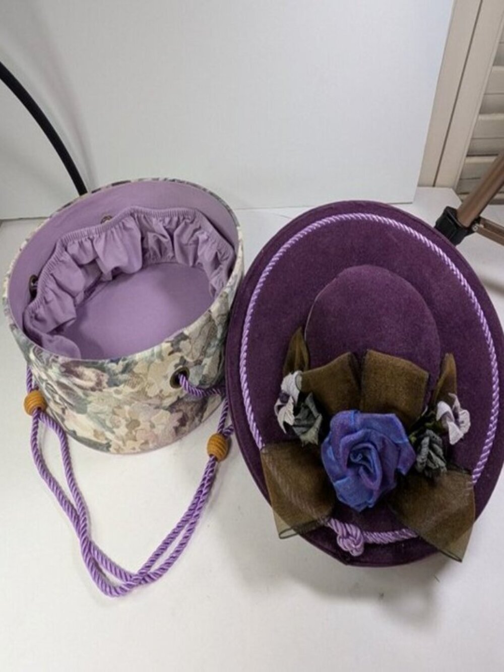 Purple Velvet & Cream Rose Floral Padded Vanity/Sewing Hat Shaped Box Mother's